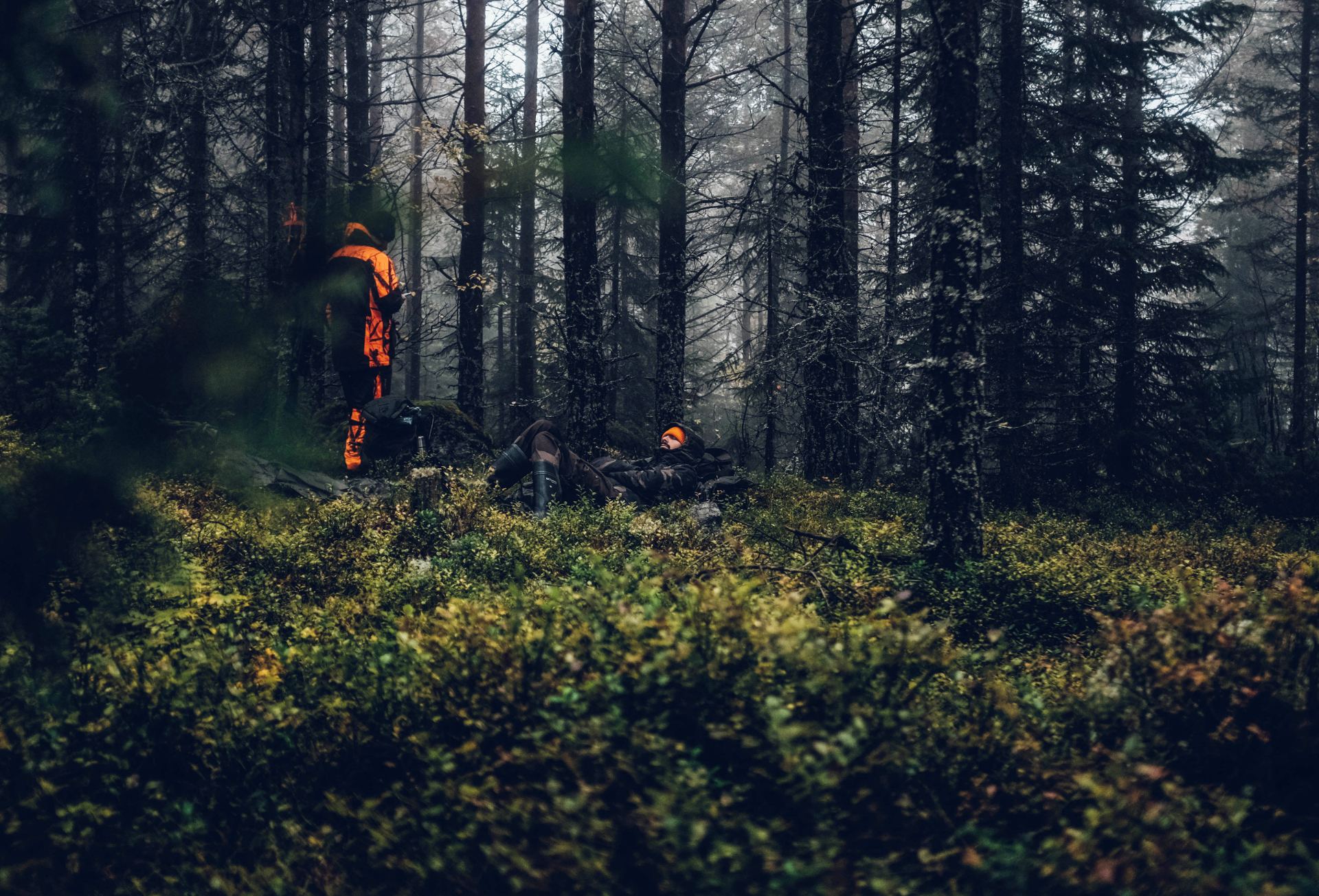 A hunter in blaze orange standing in dark timber while a second hunter rests in the undergrowth